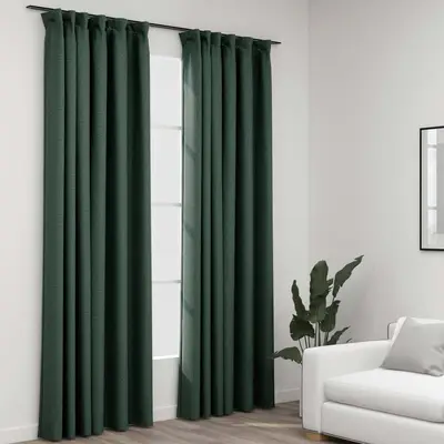 Draperii opace aspect in, cu carlige, 2 buc. verde, 140x245 cm