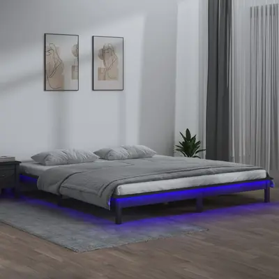Cadru de pat cu led, gri, 140x190 cm, lemn masiv