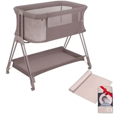 Patut co-sleeper, Lionelo, Luna Beige Taupe, 2 in 1, Cu laterala culisanta si roti, Cu muselina din…