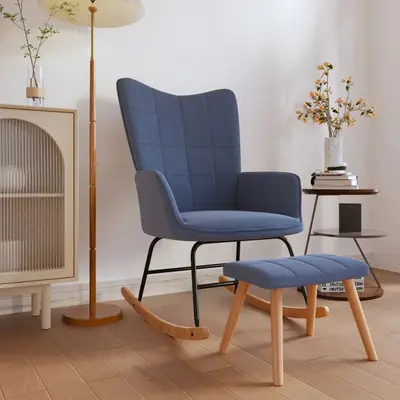 Scaun balansoar cu taburet, albastru, textil