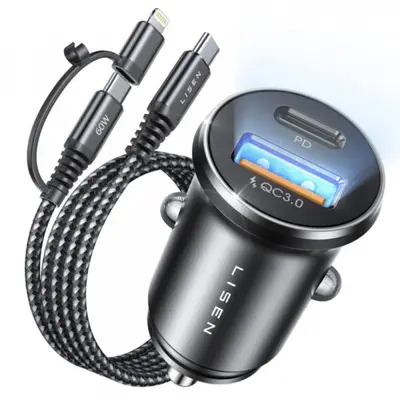 Lisen Incarcator Auto Cu Cablu USB-C / Lightning Lisen, 48W, 3A, 1 x USB-A - 1 x USB-C, Negru…