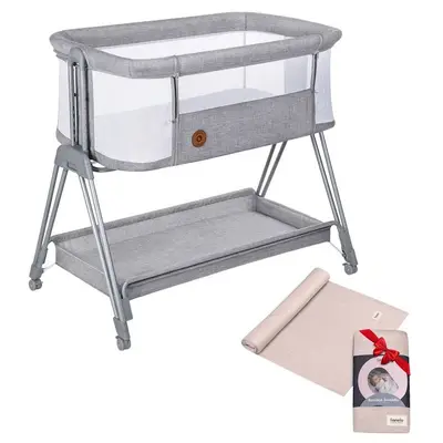 Patut co-sleeper, Lionelo, Luna Grey Concrete, 2 in 1, Cu laterala culisanta si roti, Cu muselina…