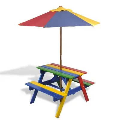 Masa de picnic pentru copii cu banci & umbrela, lemn multicolor