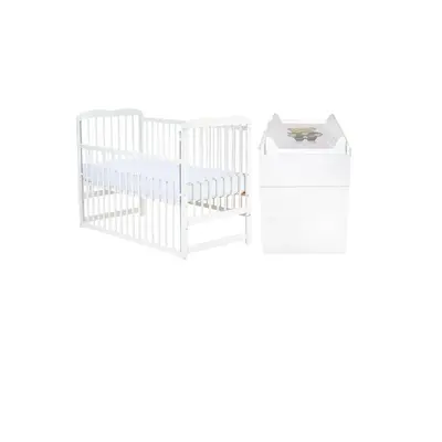 Set mobilier pentru copii, Qmini: Patut din lemn de pin cu roti, cu laterala culisanta si somiera…