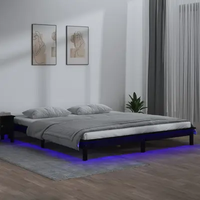 Cadru de pat cu led mic dublu, negru, 120x190cm, lemn masiv