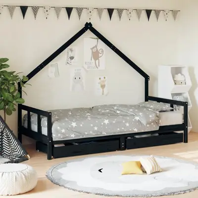 Cadru de pat copii cu sertare, negru, 90x200 cm, lemn masiv pin