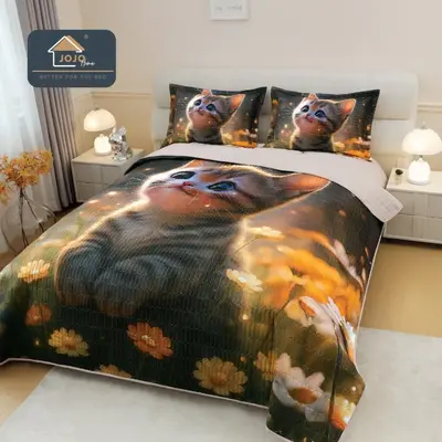 Cuvertura Matlasata, Bumbac Finet, cu Imprimeu 5D, 220x240cm + 2 fete de perna 50x70cm, Bej…