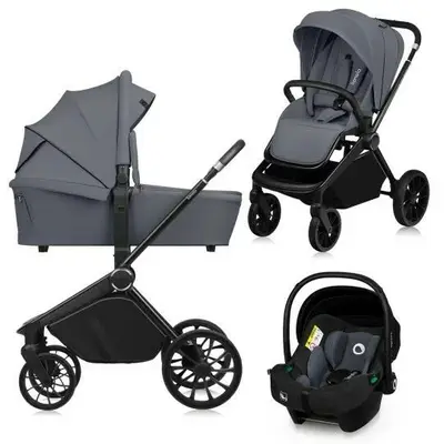 Carucior 3 in 1, Lionelo, Mika Plus, Cadru din aluminiu, Cu landou intarit si salteluta moale, Cu…