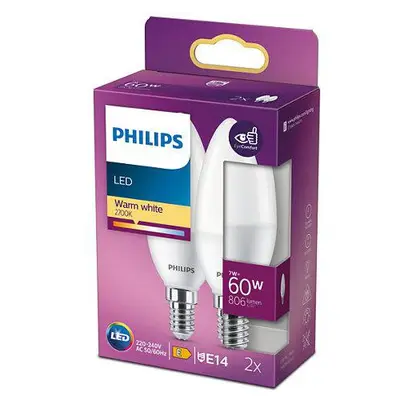 Set 2 becuri LED Philips B38, EyeComfort, E14, 7W (60W), 806 lm, lumina calda (2700K), mat…