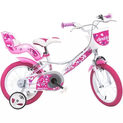 Bicicleta cu pedale, Dino Bikes, Inimioare, Cu roti ajutatoare, Cu cosulet frontal, Cu scaunel…
