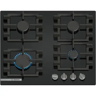 Plita incorporabila Bosch PNN6B6K40, Gaz, 4 arzatoare, Gratar fonta, 60 cm, Quartz (Negru)