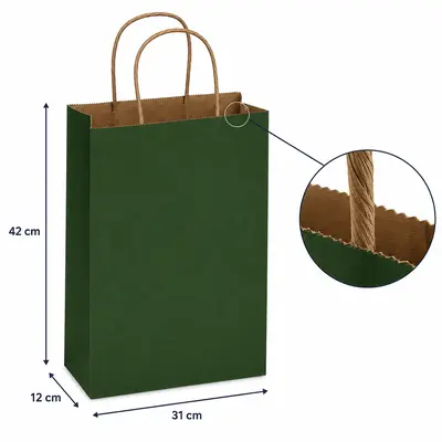 Sacoșe hârtie cu mâner răsucit - verde închis (set 12 buc) - Mare - 31x42x12cm