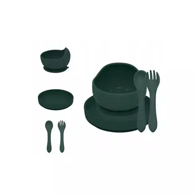 Set de hranire, Petite&Mars, Cu farfurie, Bol si tacamuri, Din silicon fara BFA, Verde inchis