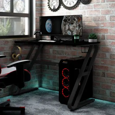 Birou de gaming cu picioare in forma de zz, negru, 90x60x75 cm