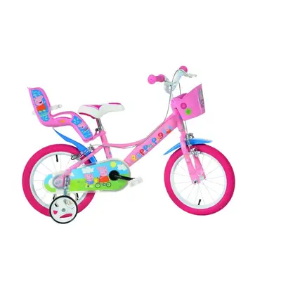 Bicicleta copii, Dino Bikes, Peppa Pig, Roti ajutatoare, Cosulet frontal, Scaunel pentru papusi, 16…