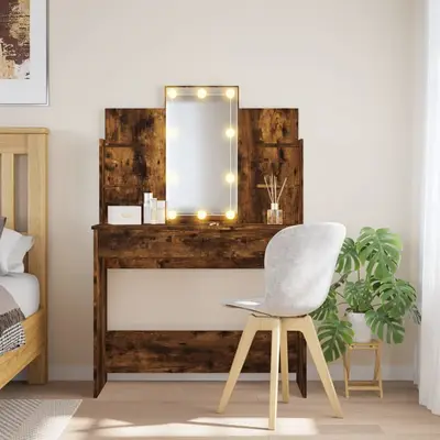 Masa de toaleta cu led-uri, stejar fumuriu, 96x40x142 cm