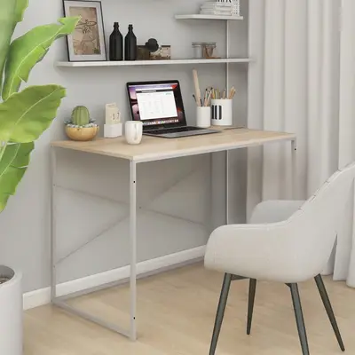 Birou de computer, alb si stejar, 110x60x70 cm, lemn prelucrat