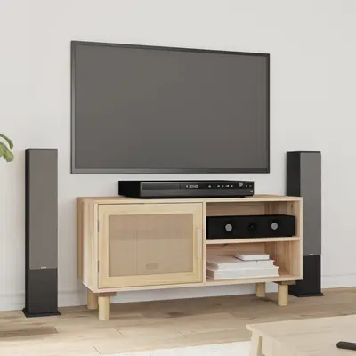 Comoda tv, maro, 80x30x40 cm, lemn masiv pin si ratan natural