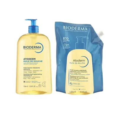 Pachet Bioderma Ulei de dus pentru piele sensibila si uscata Atoderm 1000 ml + Rezerva eco ulei de…