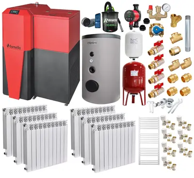 Pachet Centrala mixta Lemn/Pelet Fornello Tera 28 kW boiler de sol calorifere aluminiu termostat…
