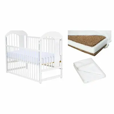 Set Patut din lemn bebe Qmini, Julia II cu laterala culisanta, 120x60 cm, Alb + Saltea patut bebe…