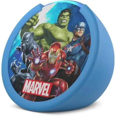 Boxa inteligenta Amazon Echo Pop Kids, Alexa, Wi-Fi, Bluetooth, control parental, Marvel Avengers