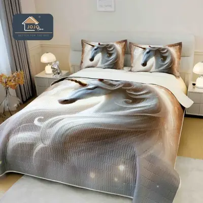 Cuvertura Matlasata, Bumbac Finet, cu Imprimeu 5D, 220x240cm + 2 fete de perna 50x70cm, Bej, Crem…