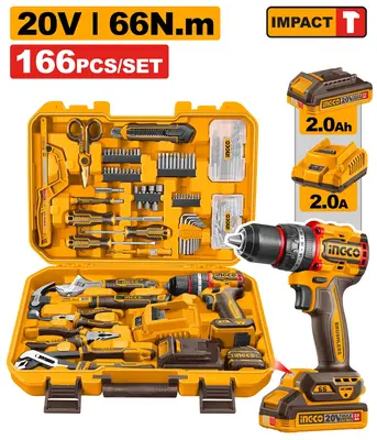 Set bormasina cu impact INGCO HKTHP41662E, 20V, 66Nm, 22500 BPM, acumulator 2Ah, incarcator…