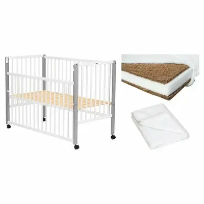 Set Patut din lemn bebe Qmini, Maya cu laterala culisanta, 120x60 cm, Alb + Saltea patut bebe…