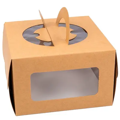 Cutii pătrate kraft cu fereastră și mâner decorativ (set 10 buc) - 16x16x10cm