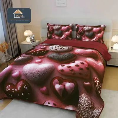 Cuvertura Matlasata, Bumbac Finet, cu Imprimeu 5D, 220x240cm + 2 fete de perna 50x70cm, Roz, Maro…