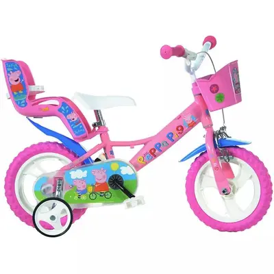 Bicicleta cu pedale, Dino Bikes, Purcelusa Peppa, Cu roti ajutatoare, Cu cosulet frontal, Cu…