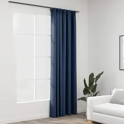 Draperie opaca, aspect de in, albastru, 290x245 cm, cu carlige