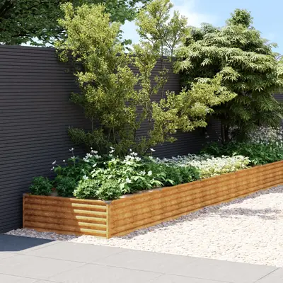 Strat inaltat de gradina, 579x100x36 cm, otel corten