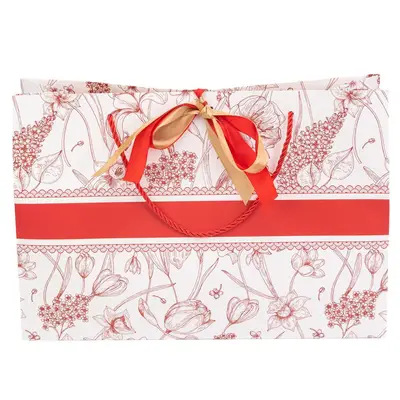 Pungi model floral cu 2 panglici colorate și mâner din sfoară - roșu (set 10 buc) 36x12x24cm …
