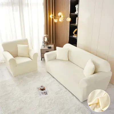 Husa Elastica, 180cm-230cm, pentru Canapea 3 Locuri - L - Jojo Home, Catifea, Crem