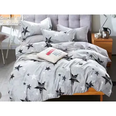 Lenjerie pat dublu, FINET, 6 piese, cu ELASTIC, Jojo Home, Gri-Negru, stelute