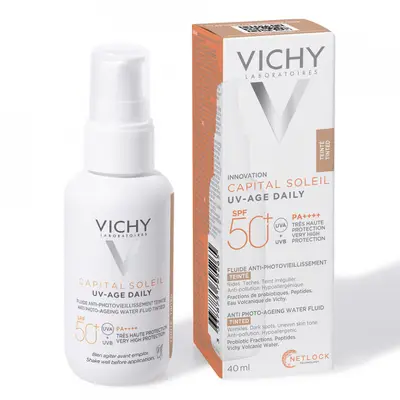Fluid colorat SPF 50+ cu actiune impotriva foto-imbatranirii tenului, Vichy CAPITAL SOLEIL UV AGE…
