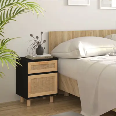Noptiera, negru, lemn masiv de pin si ratan natural