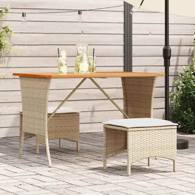 Masa de gradina cu blat din lemn de salcam bej poly rattan