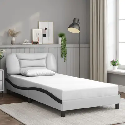 Cadru de pat cu tablie alb si negru 100x200cm piele artificiala