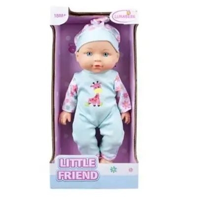 Papusa bebelus Little Friend cu costum albastru si imprimeu girafa, 27 cm
