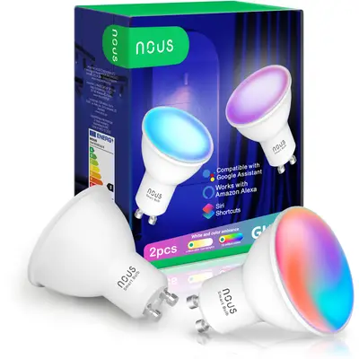 Nous Pachet 2 becuri LED RGB inteligente Nous P8, Wi-Fi, GU10, 4.5W, 350 lm, lumina alba si…