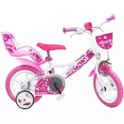 Bicicleta cu pedale, Dino Bikes, Inimioare, Cu roti ajutatoare, Cu cosulet frontal, Cu scaunel…