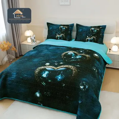 Cuvertura Matlasata, Bumbac Finet, cu Imprimeu 5D, 220x240cm + 2 fete de perna 50x70cm, Turquoise…