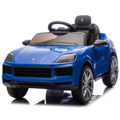 Masinuta electrica pentru copii, Porsche Cayenne, 70W 12V, scaun tapitat, culoare albastra