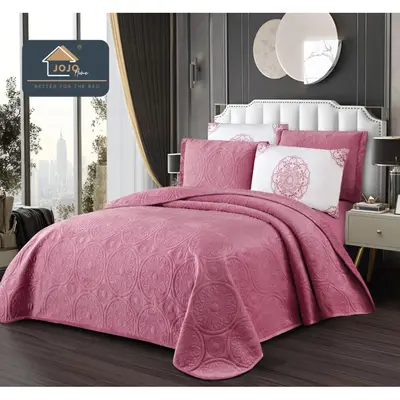 Cuvertura pat dublu, 5 piese, Finet Premium Matlasat, 220x240cm, Jojo Home, Roz