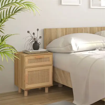 Noptiera, maro, lemn masiv de pin si ratan natural