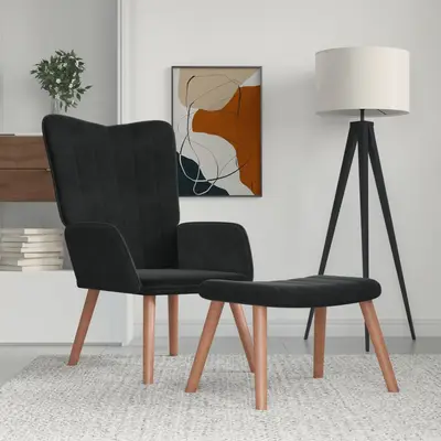 Scaun de relaxare cu taburet, negru, catifea