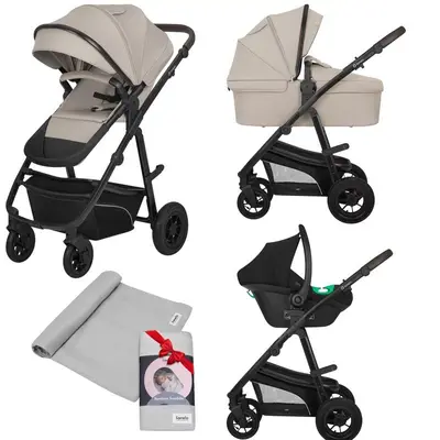 Carucior 3 in 1, Lionelo, Bianka Bej, Transformabil, Cu landou si salteluta moale, Cu scoica auto…